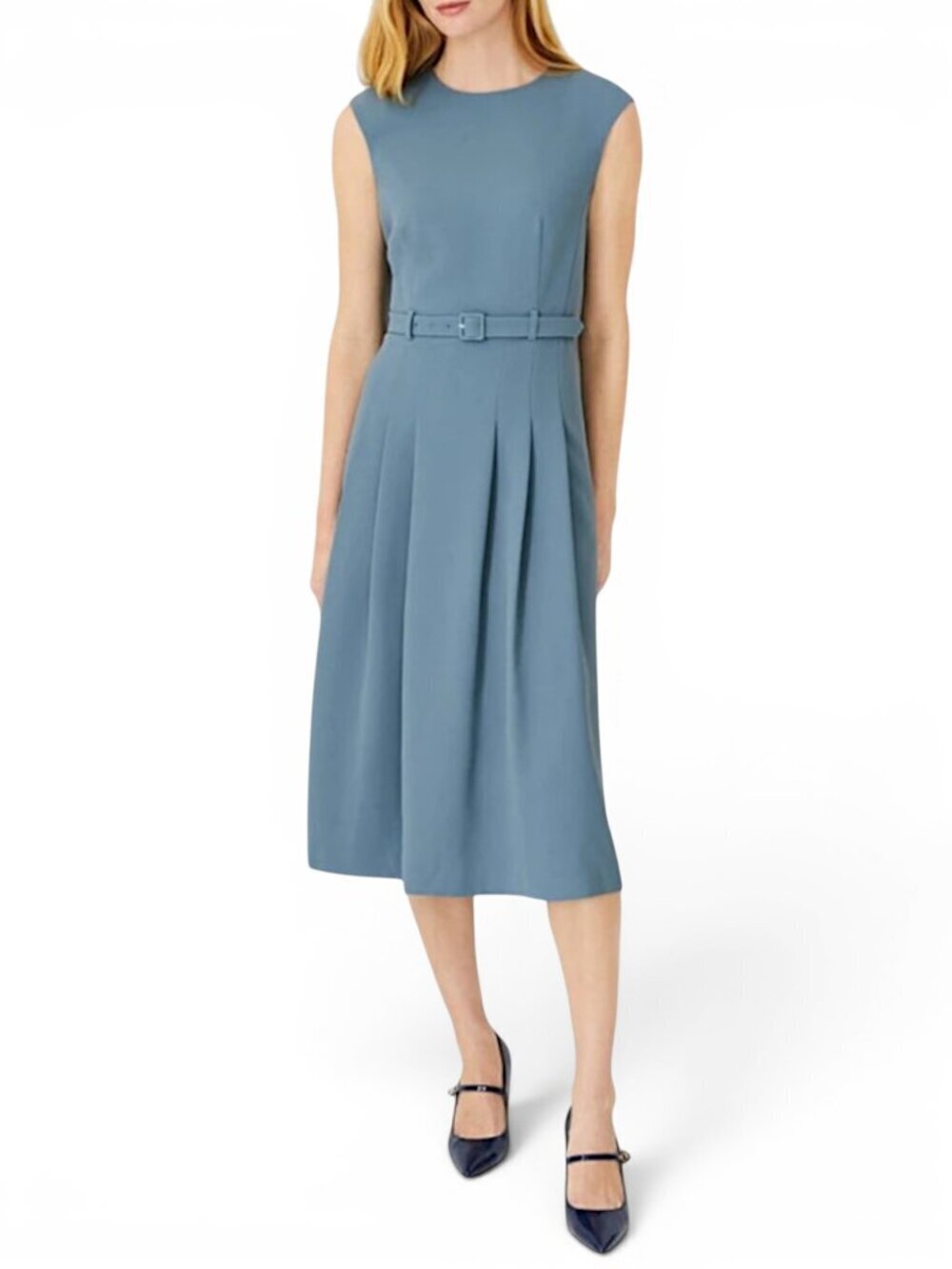 Ann Taylor Blue Echo Pleated Belted Crew Neck Dress Fluid Crepe NWT New 14P